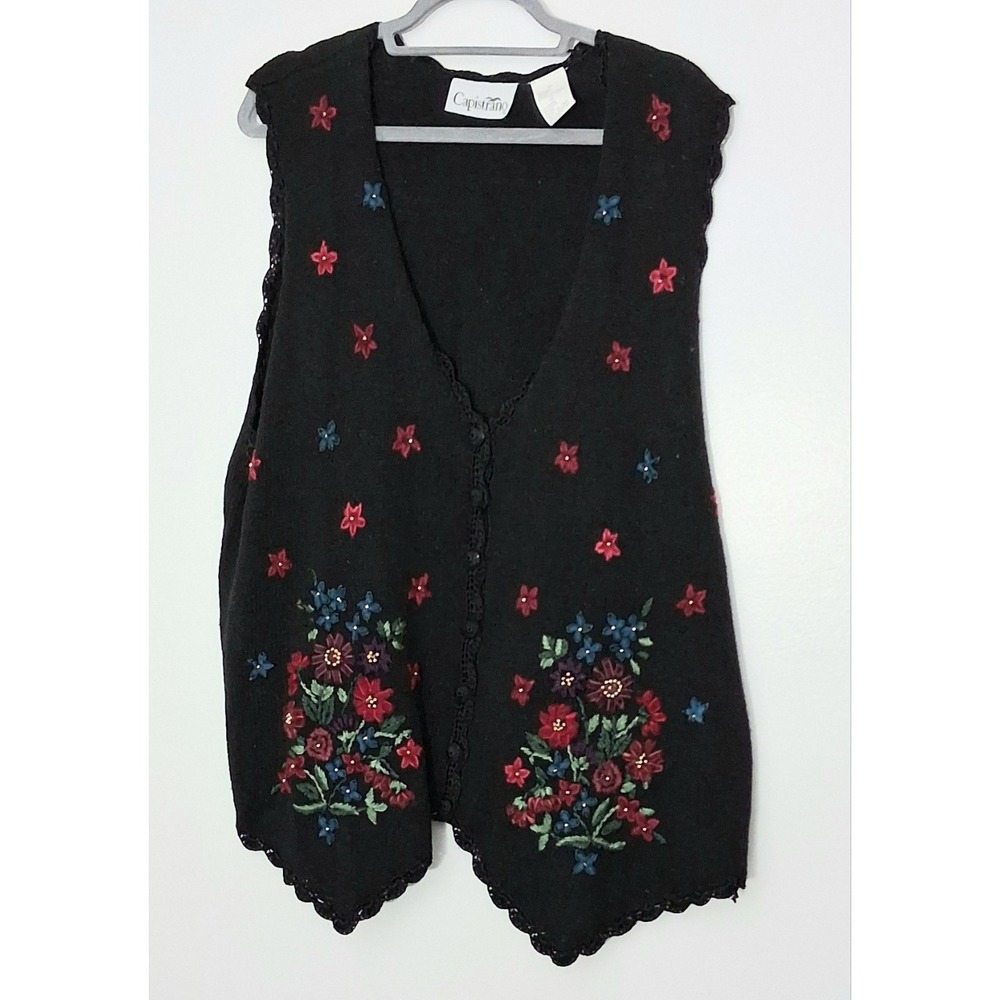 Capistrano Sweater Vest Women's Size XL* Black Floral Embroidered Button Up Vtg